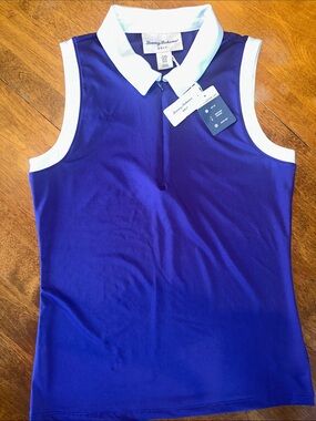 Tommy Bahama Blue Sleeveless Golf Polo with White Collar